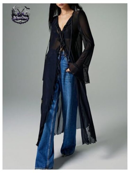 Mesh Tie Front Blouse Bell Sleeve Ruffle Goth Y2K Top - Picture 3 of 5